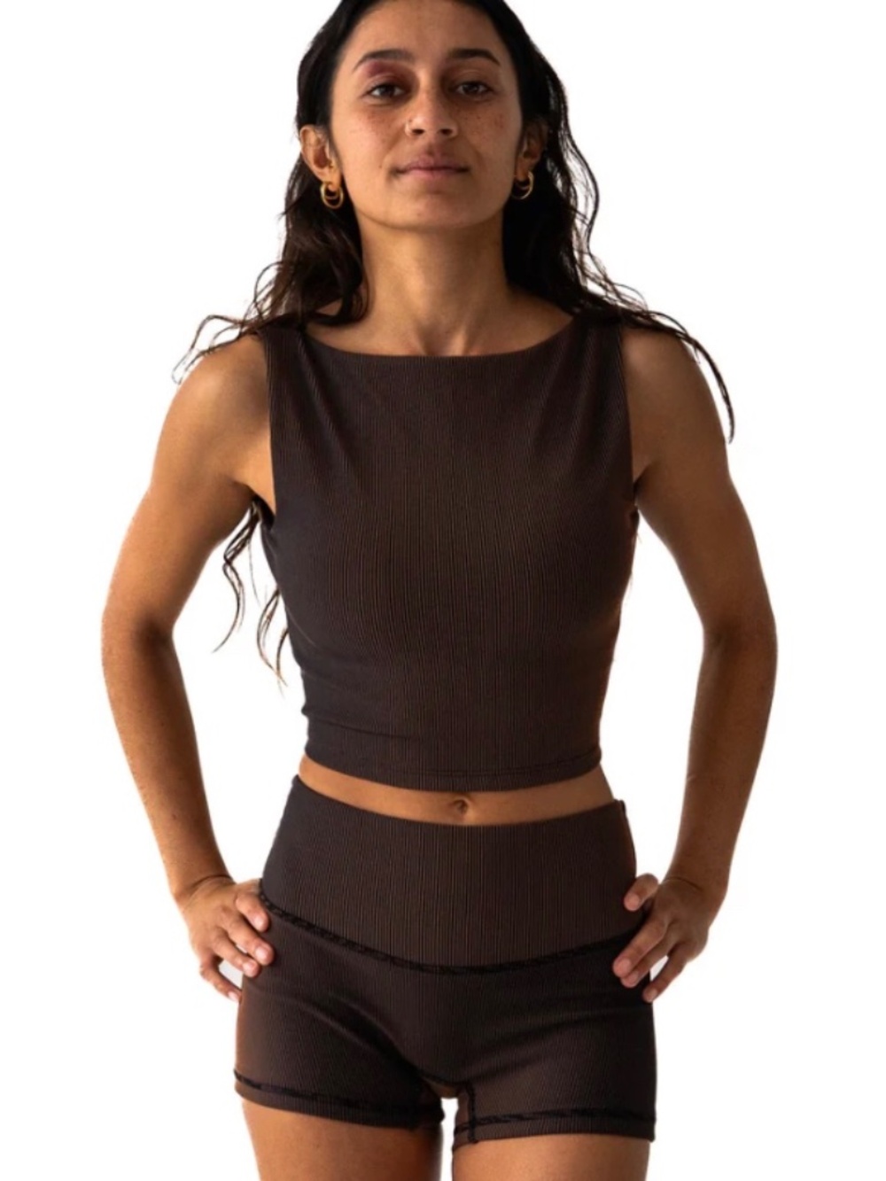 Ribbed Crop Tank & High-Waist Swim Shorts Set - Brown